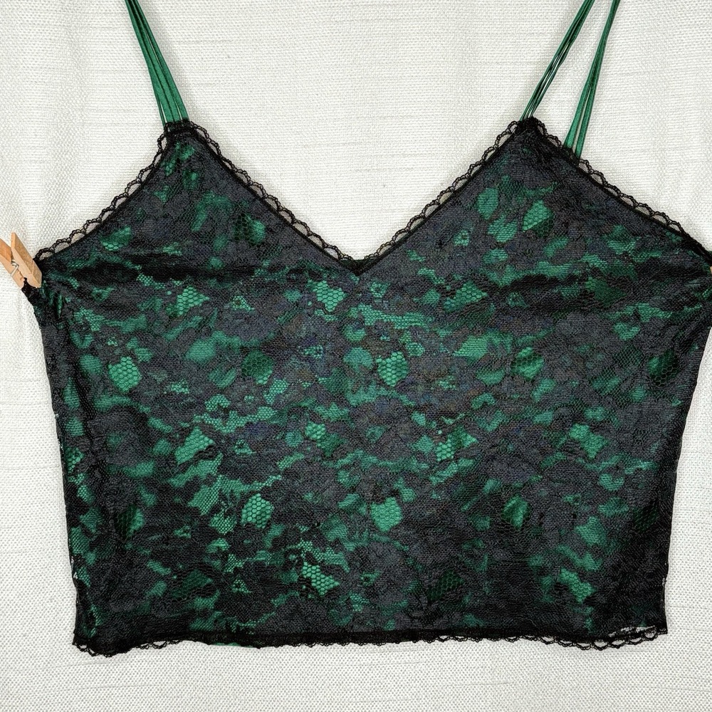 VTG Victorias Secret Gold Label Green Black Lace Satin Cami Womens M Cropped